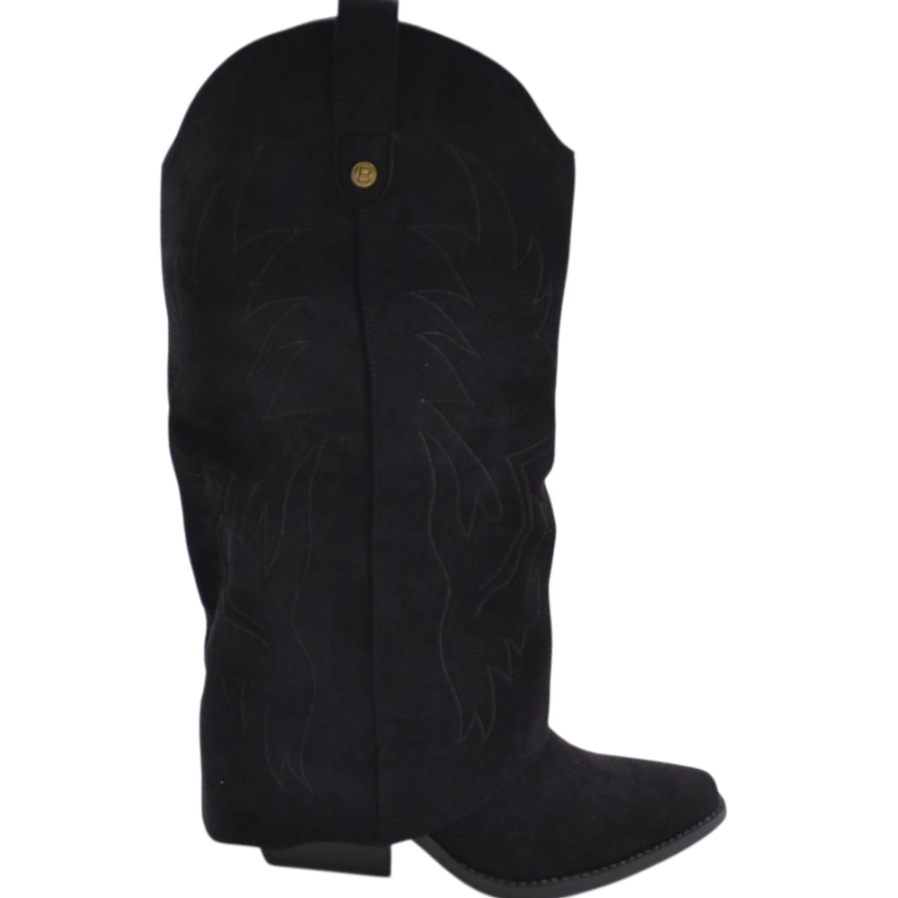 Stivali donna al ginocchio camperos in camoscio nero con risvolto e cuciture tacco western 6 cm zip interna.