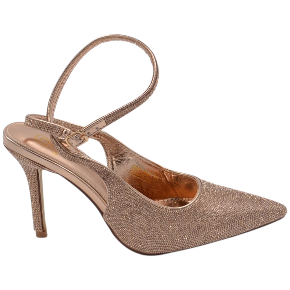 Decollete donna slingback a punta glitterato oro rosa con strass e cinturino alla caviglia sottile 10 cm.