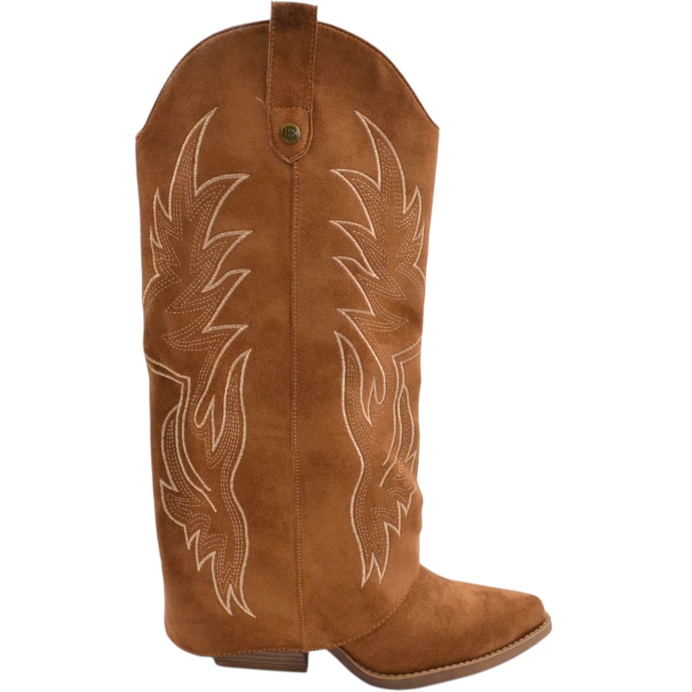 Stivali donna al ginocchio camperos in camoscio camel con risvolto e cuciture tacco western 6 cm zip interna