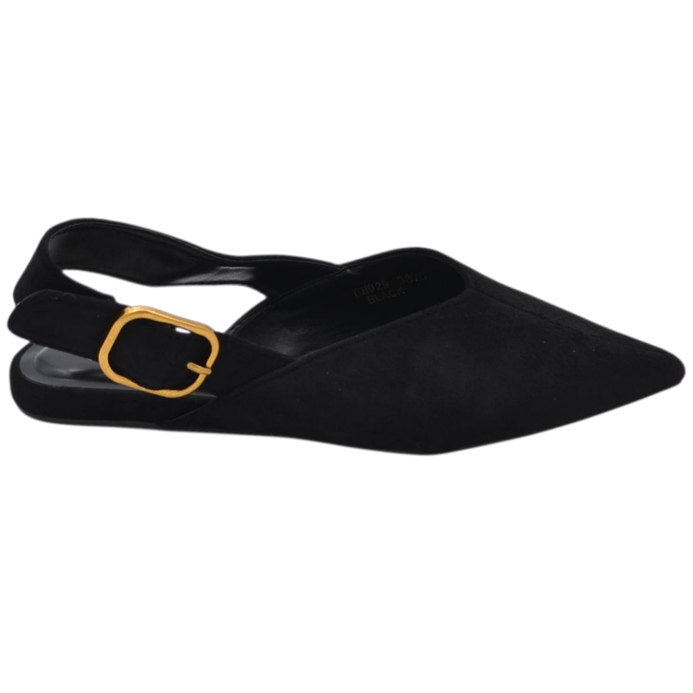 Scarpe ballerine donna a punta slingback con fibbia dorata in pelle scamosciata nero raso terra.
