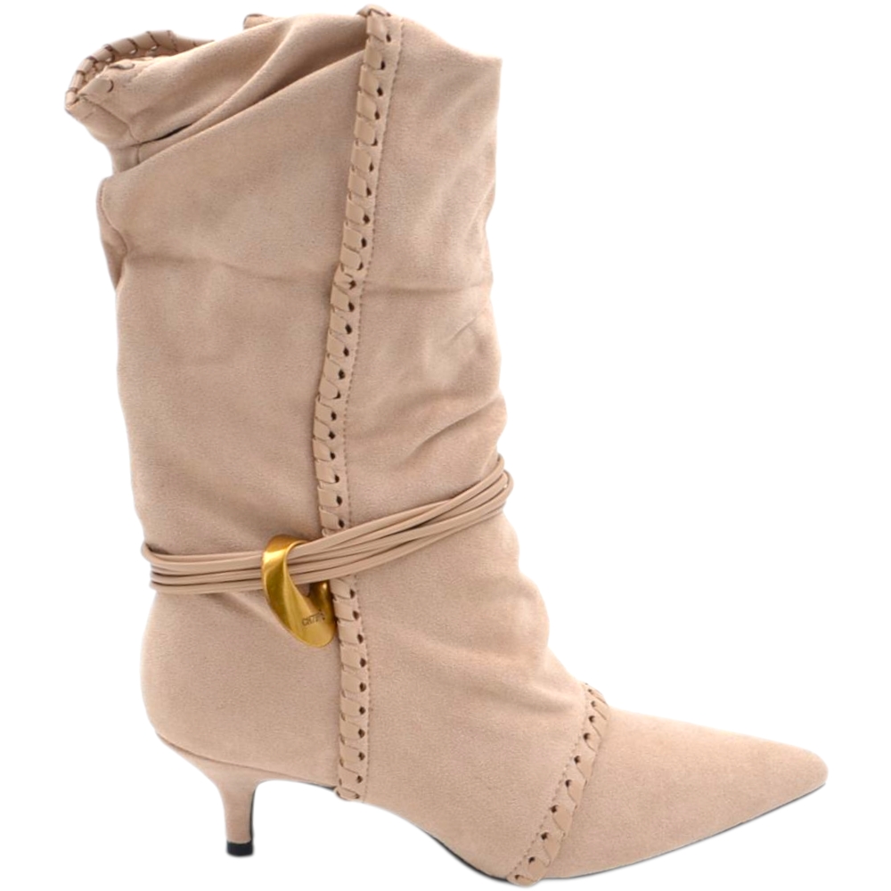 Stivaletto tronchetto donna a punta arricciato camoscio beige con coulisse oro removibile tacco kitten 3 cm.