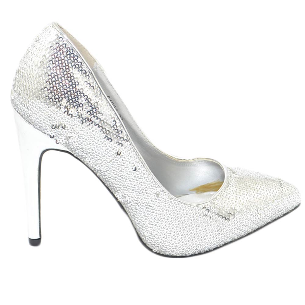Decollete donna scarpe col tacco eleganti paillettes argento tacco a spillo 12 cerimonia moda