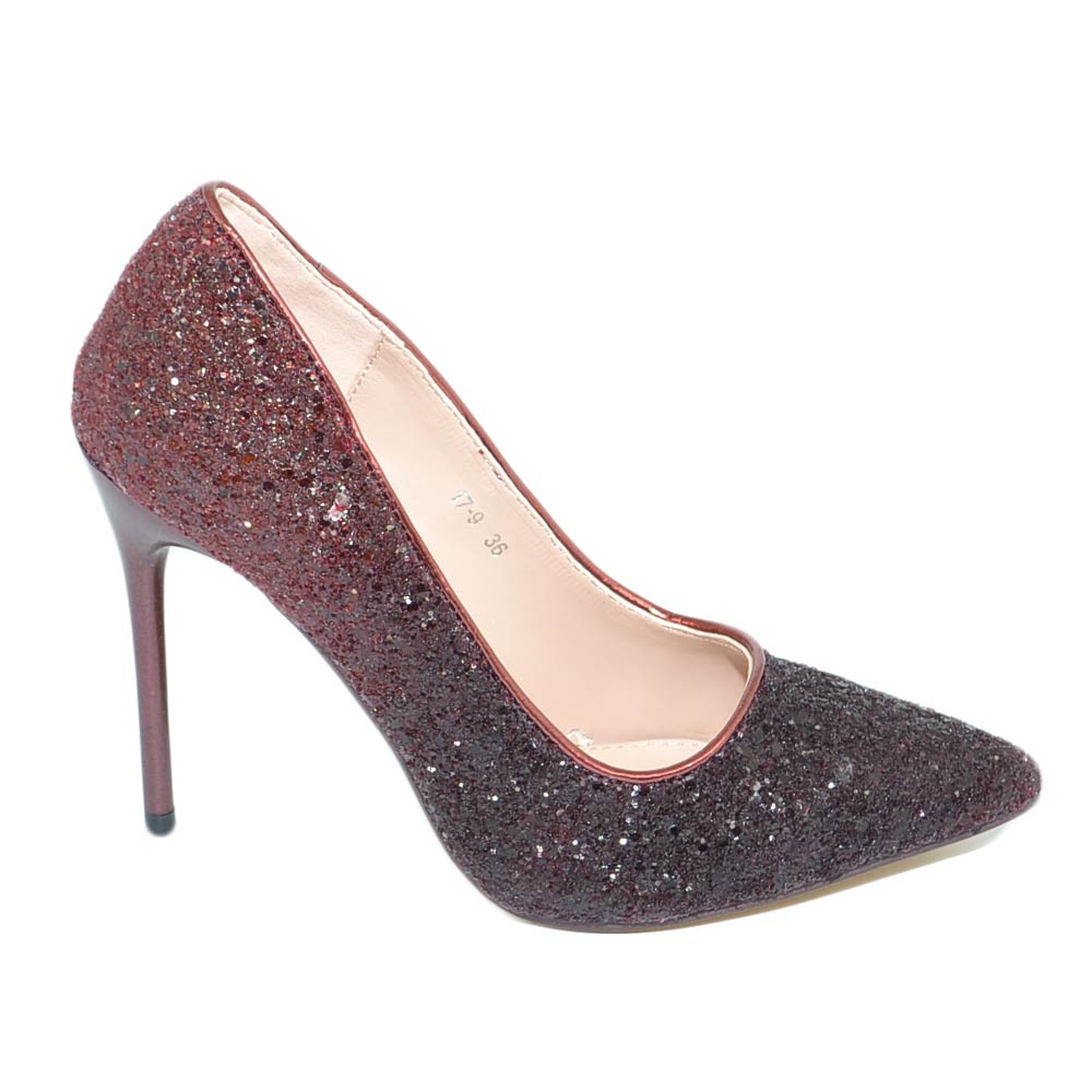 Decollete donna scarpe col tacco eleganti glitter vino bordeaux sfumate tacco a spillo 12 cerimonia moda