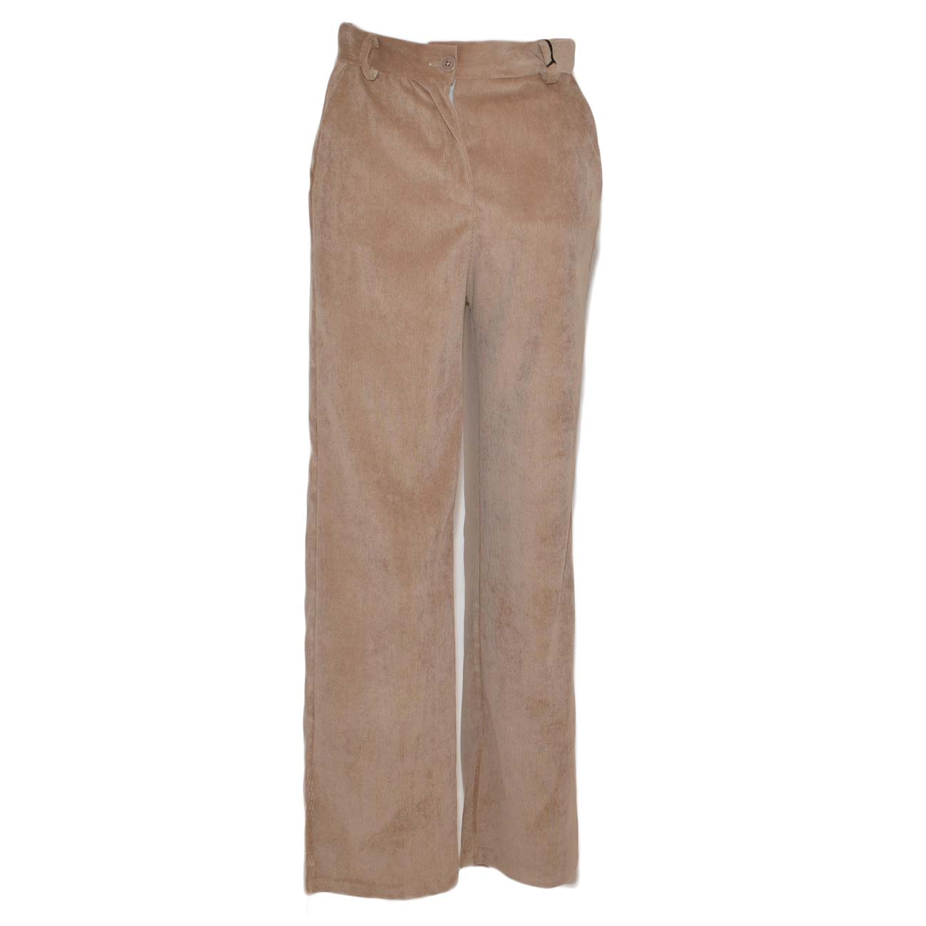 Pantaloni donna a palazzo beige a vita alta di ciniglia a coste a quattro tasche tinta unita zip e bottone