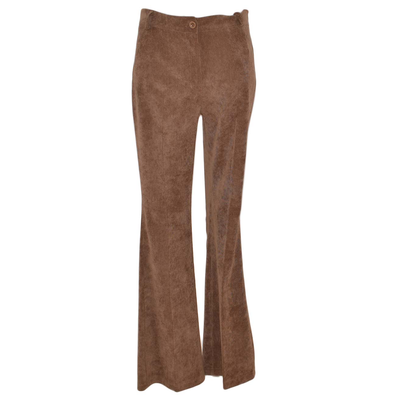 Pantaloni donna a zampa marroni a vita alta di ciniglia a coste sexy slim aderenti tinta unita bell-botton push up