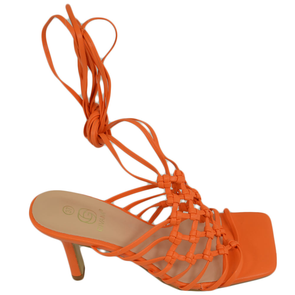 Sandali donna tacco alto a spillo comodo arancione fantasia uncinetto alla schiava con lacci punta quadrata moda eventi.