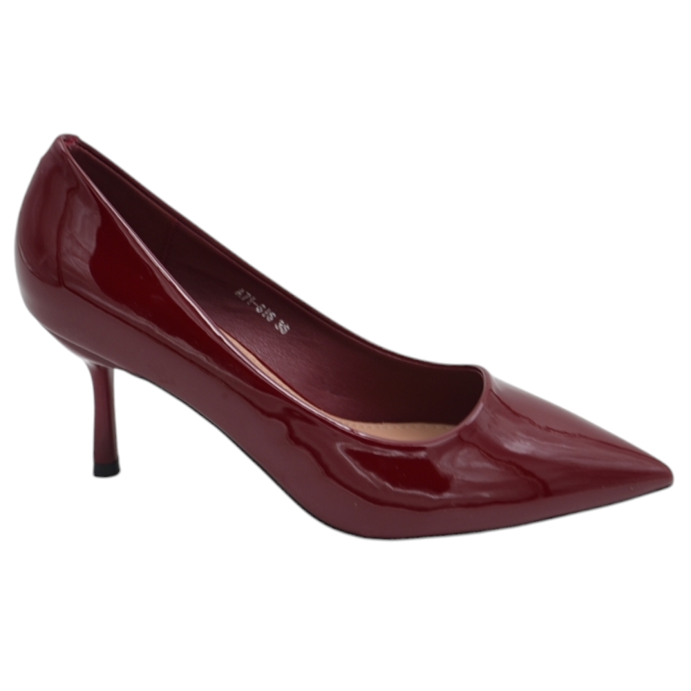 Decolette donna in pelle vernice lucida bordeaux con punta tacco sottile 6 cm linea basic	