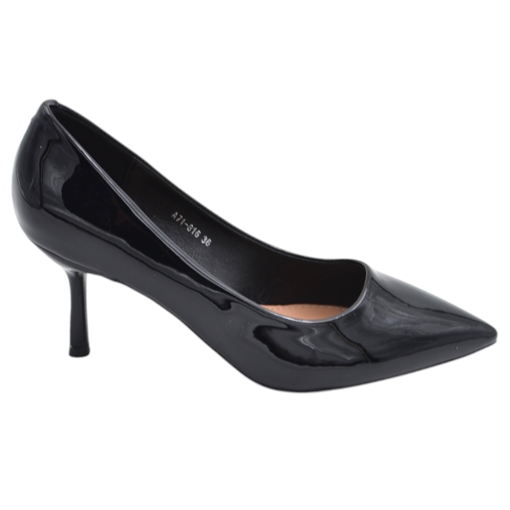 Decolette' donna in pelle vernice lucida nero con punta tacco sottile 6 cm linea basic 