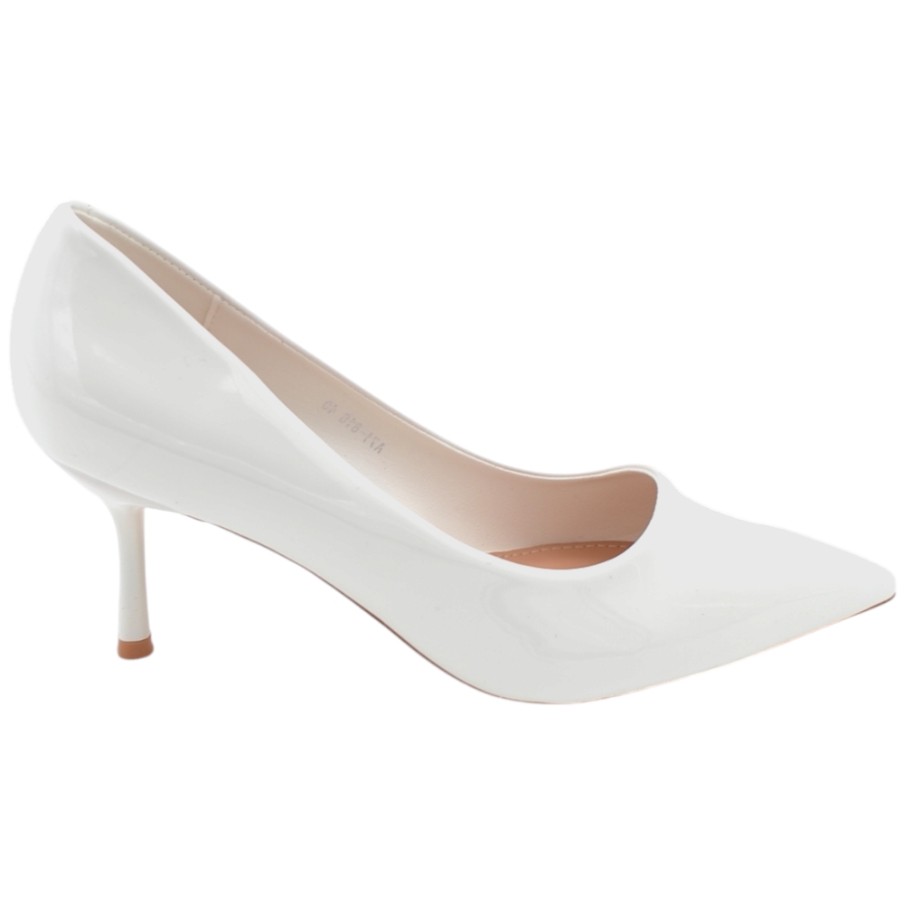 Decolette' donna in pelle vernice lucida bianco con punta tacco sottile 6 cm linea basic	.