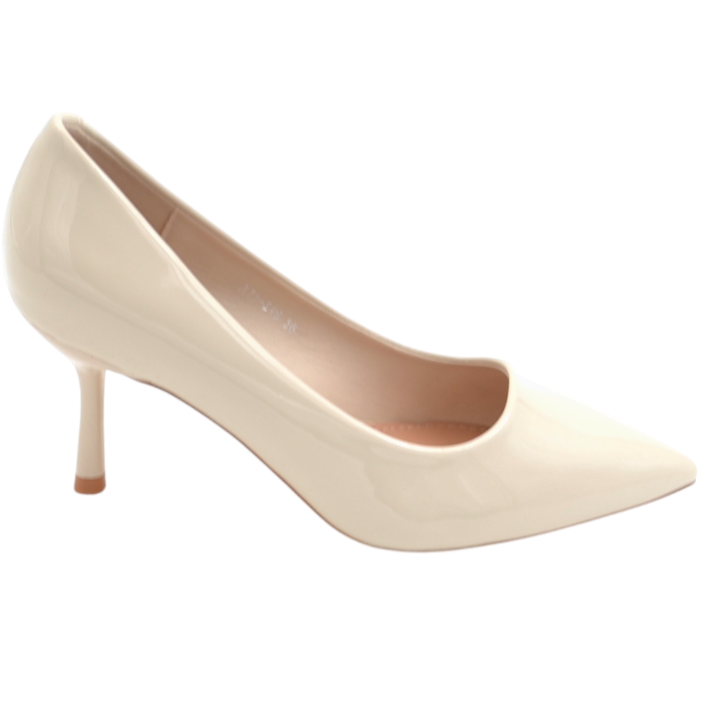 Decolette' donna in pelle vernice lucida beige con punta tacco sottile 6 cm linea basic 
