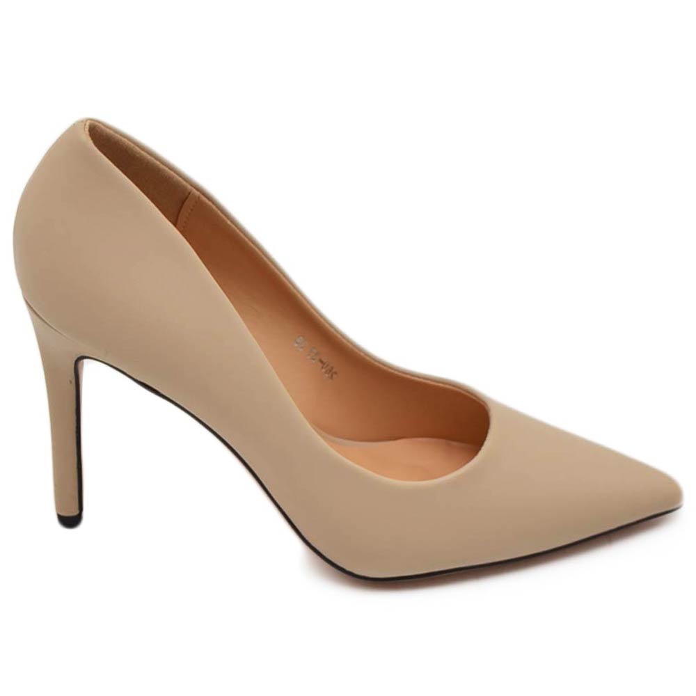 Decollete' scarpe donna eleganti a punta beige nude opaco in ecopelle tacco a spillo 10 cm cerimonia evento