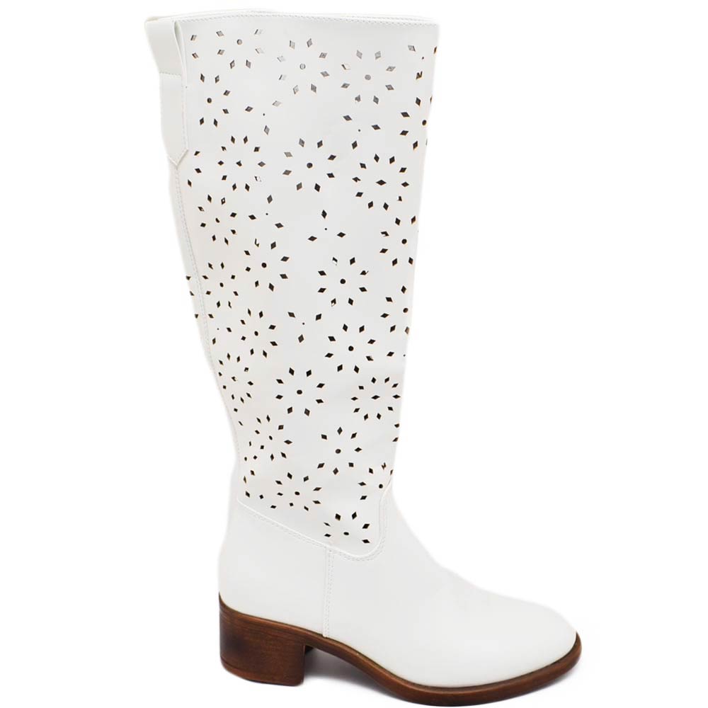 Stivali donna alto punta tonda bianco gambale forato al ginocchio tacco basso con gomma antiscivolo moda elegante.