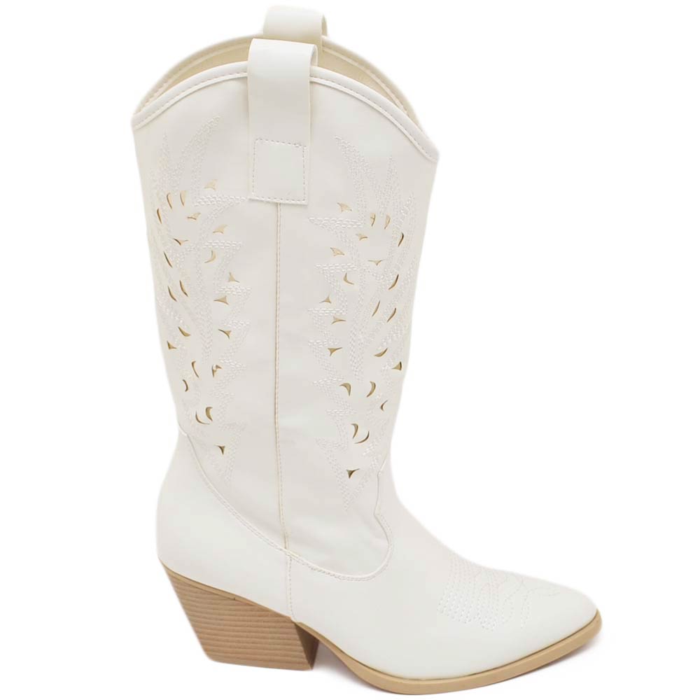 Stivali donna camperos texani stile western forati estivi bianco tacco western 7 cm legno con zip laterale