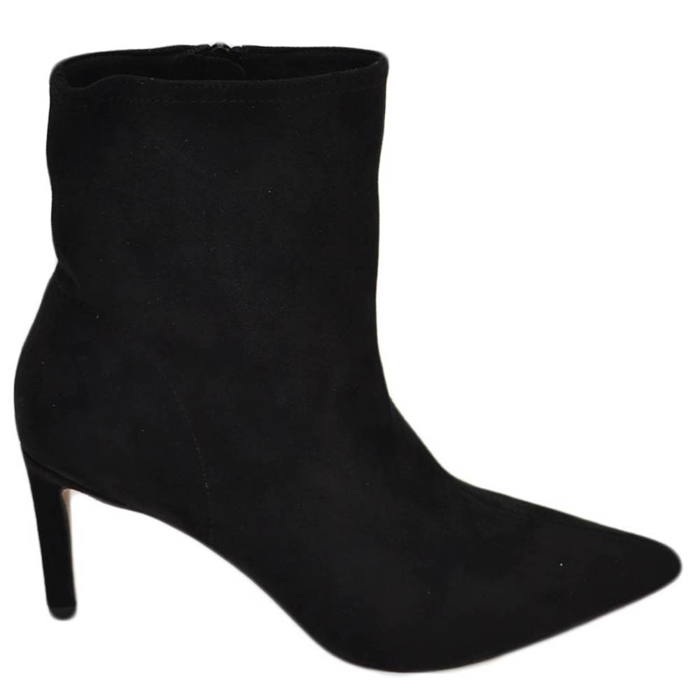 Tronchetti in ecopelle alla caviglia scamosciata nero punta tacco spillo 6 cm zip lunga morbido moda linea Basic