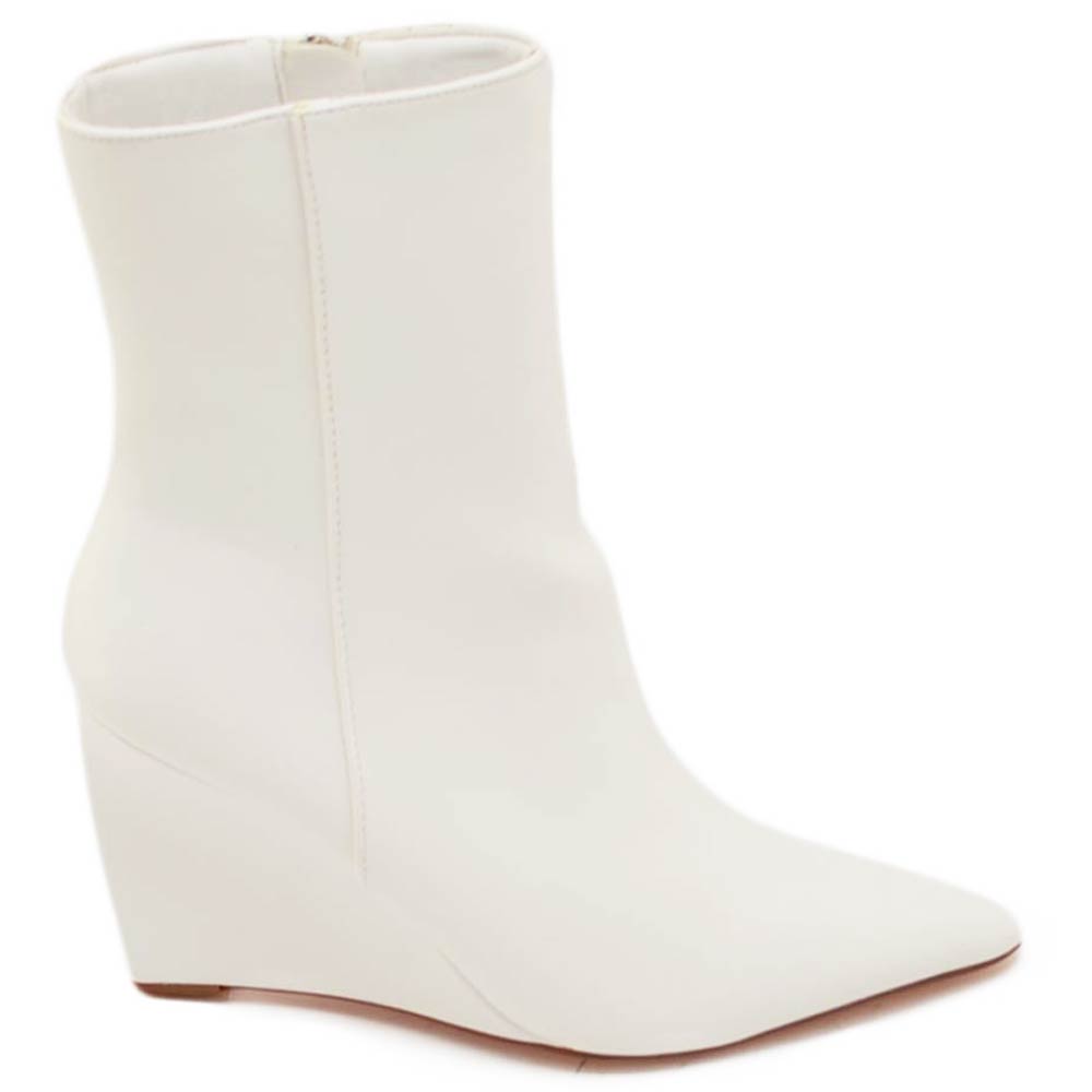 Tronchetto stivaletto bianco donna ecopelle effetto calzino con tacco a zeppa 10 cm aderente con zip a punta