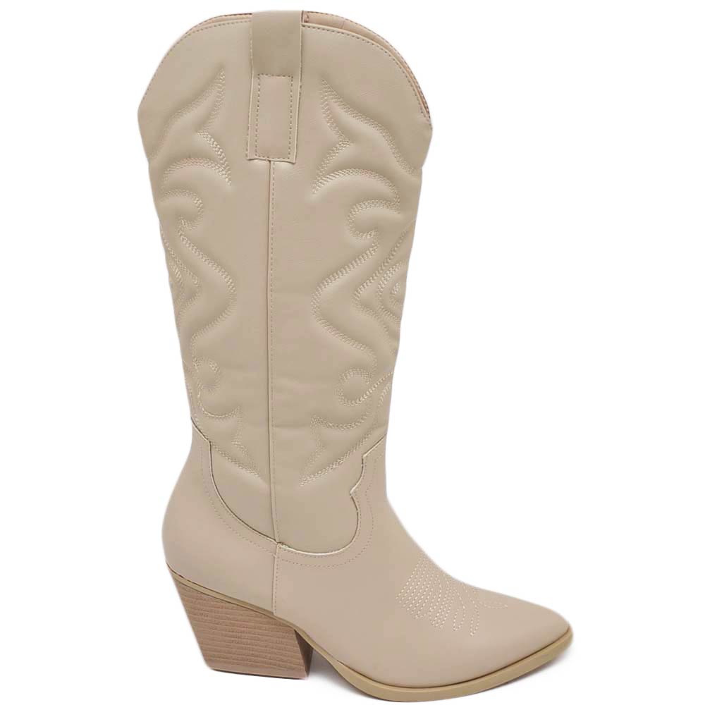 Stivali donna camperos texani stile western dettagli laser beige nude effetto matte tacco western 7 cm con zip laterale.