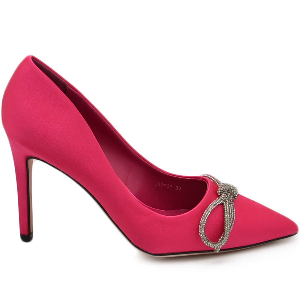 Decolette' donna in tessuto raso fucsia con punta tacco sottile 12 cm dettaglio fiocco con strass argento luccicanti