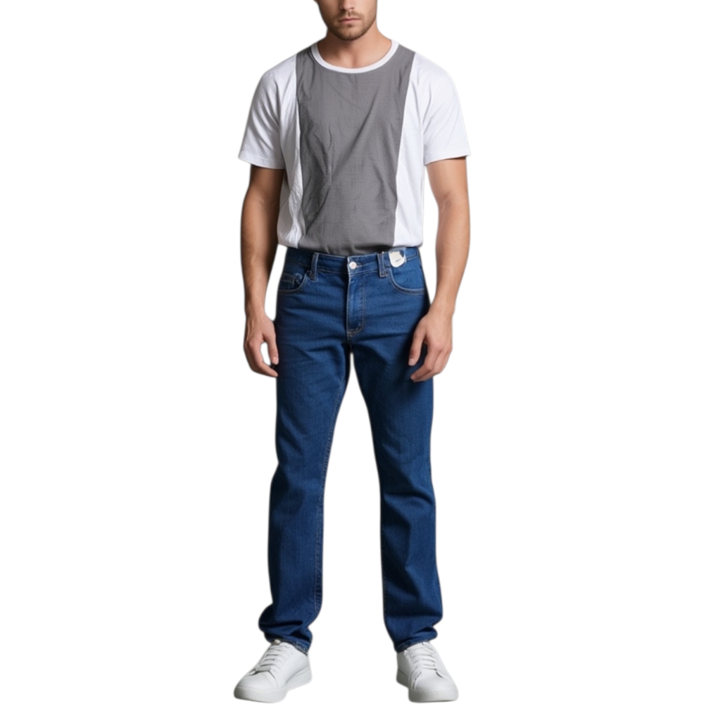 T- shirt basic uomo cotone bianco modello over con inserti in lino grigio sul petto girocollo made in italy.