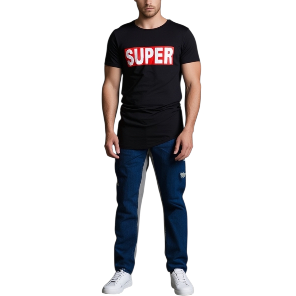 T-shirt uomo minimale a girocollo tinta unita nera con stampa '' SUPER .