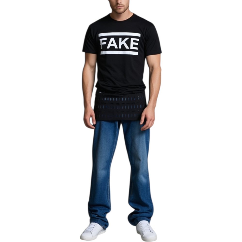 T-shirt uomo nero basic con fori black e stampa fake slim fit estate moda giovanile