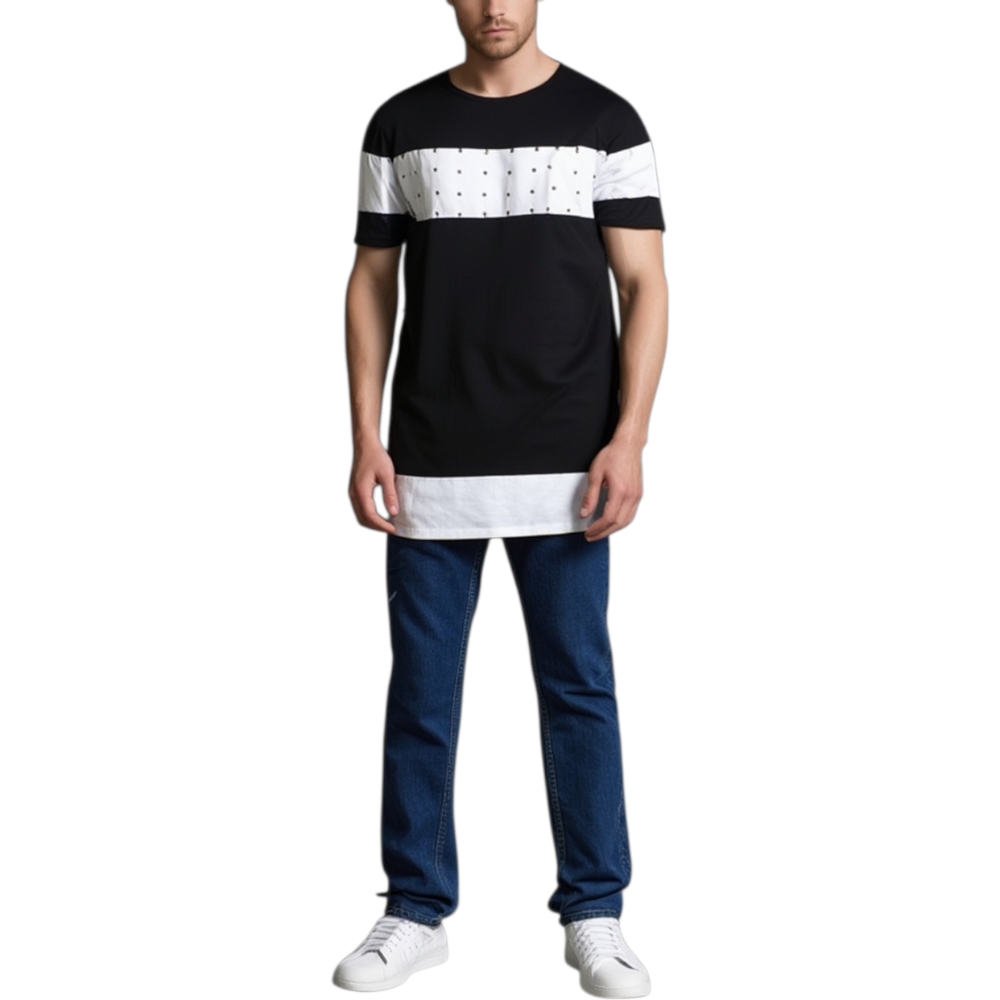 T-Shirt maglietta bicolore nero bianco made in italy collo rotondo borchie cucito artigianalmente moda estate