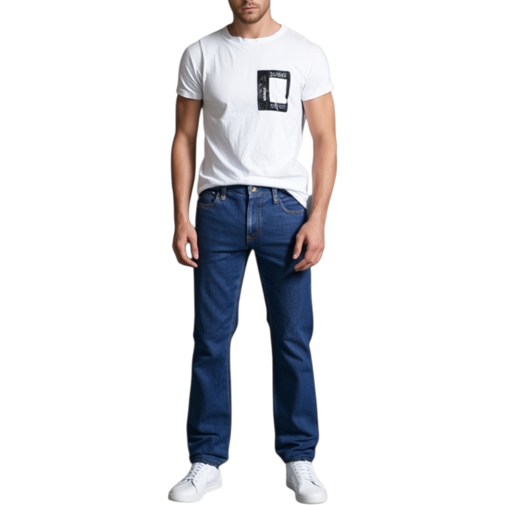 T-Shirt Uomo Mezza Manica Girocollo Cotone Girocollo Bianca Tinta Unita Con Taschino Basic
