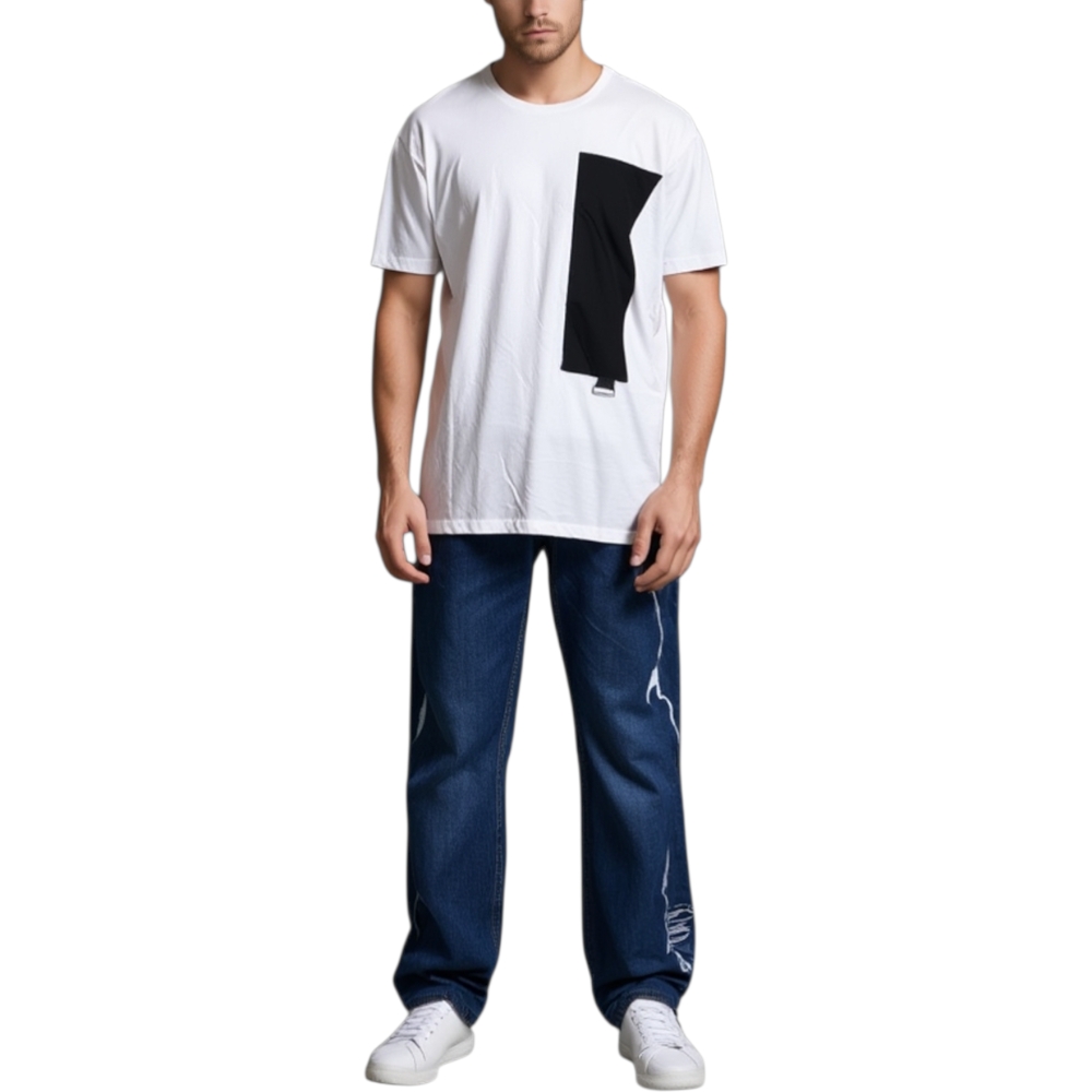 T- shirt basic uomo in cotone bianco slim fit girocollo con cucitura a coste nero e taschino made in italy estate