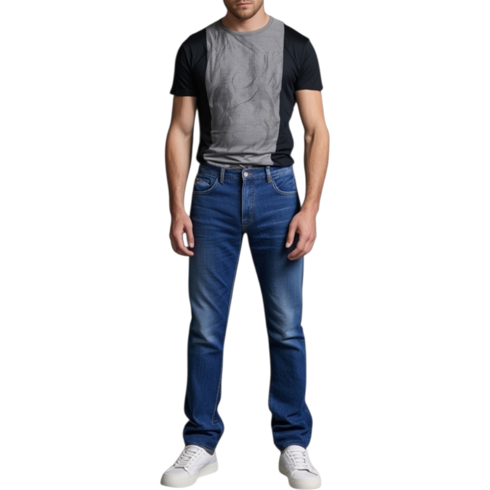 T- shirt basic uomo cotone nero modello over con inserti in tessuto grigio sul petto girocollo made in italy moda