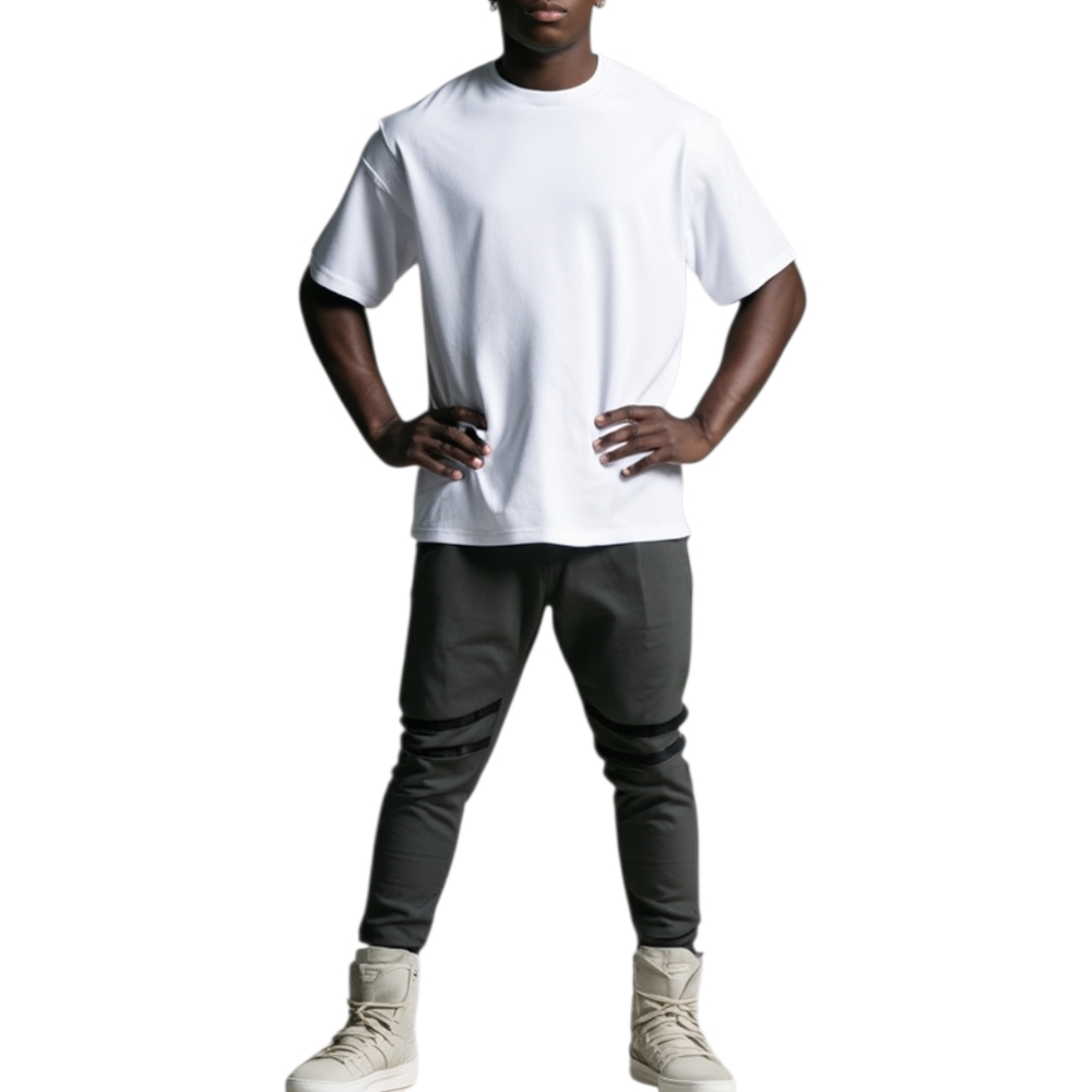 Pantaloni jogger verdi uomo con elastico e coulisse e tasche laterali strappi sul ginocchio striscia nera moda giovane