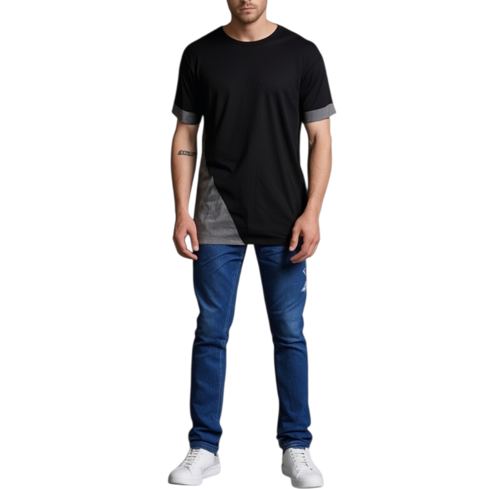 T- shirt basic uomo cotone nero modello over con inserti in tessuto grigio su maniche e petto girocollo made in italy.