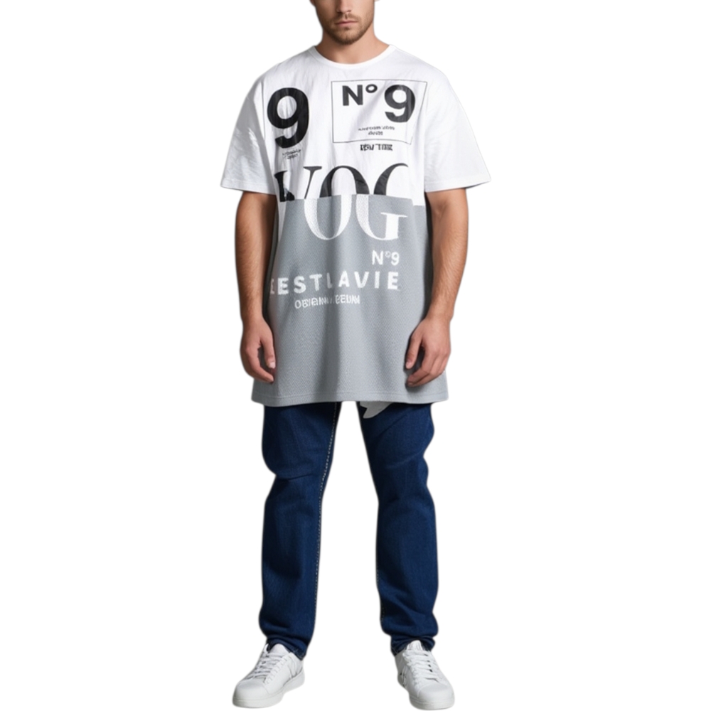 T- shirt basic uomo cotone bianco modello over con inserti in tessuto grigio stampa vogue girocollo made in italy