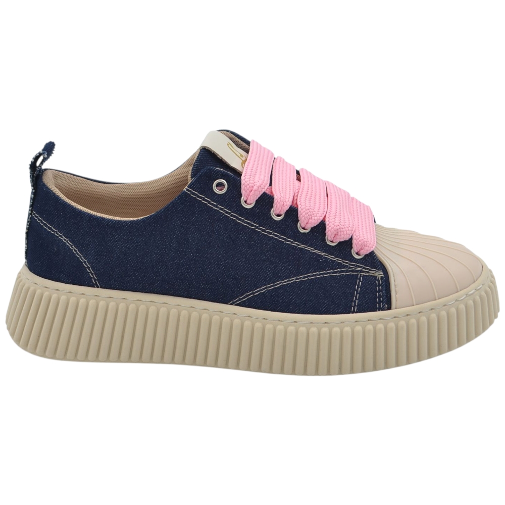 Sneakers uomo tela blu denim lacci rosa e beige fondo in gomma antiscivolo alto 4,5 cm punta rinforzata scarpe casual.
