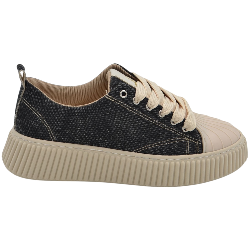 Sneakers uomo tela nera denim lacci beige fondo in gomma antiscivolo alto 4,5 cm punta rinforzata scarpe casual.