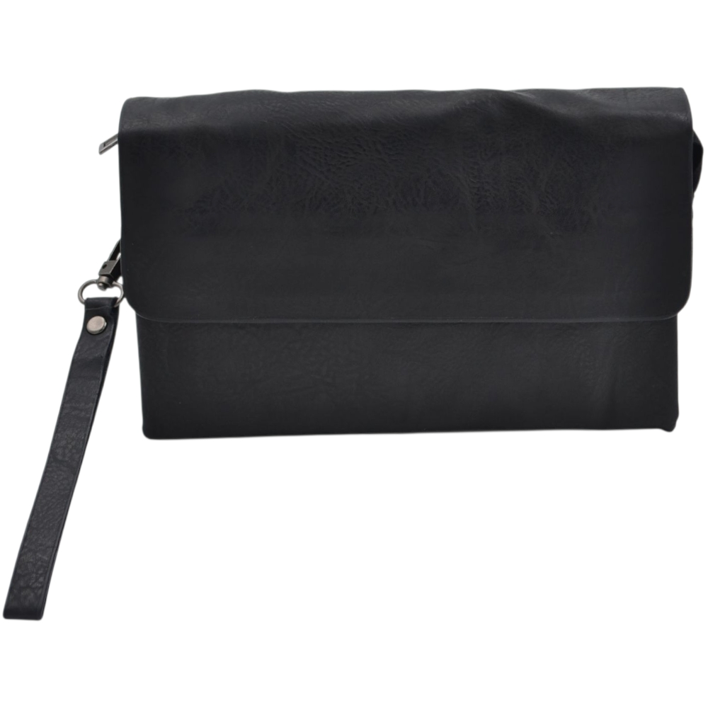 POCHETTE UOMO RETTANGOLARE IN ECOPELLE NERA A MANO CON ZIP COMODO CAPIENTE PORTAOGGETTI.
