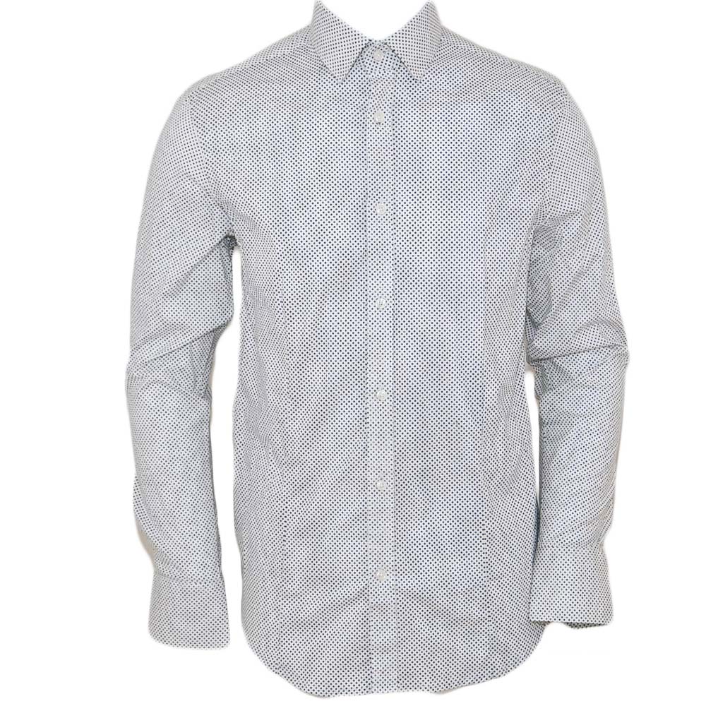Camicia uomo cotone bianco pois collo rigido manica lunga motivo astratto blu chiusura bottoni moda.
