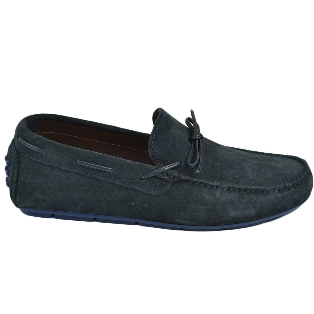 Mocassino car shoes uomo blu nappine a contrasto vera pelle scamosaciata made in italy fondo antiscivolo moda estiva