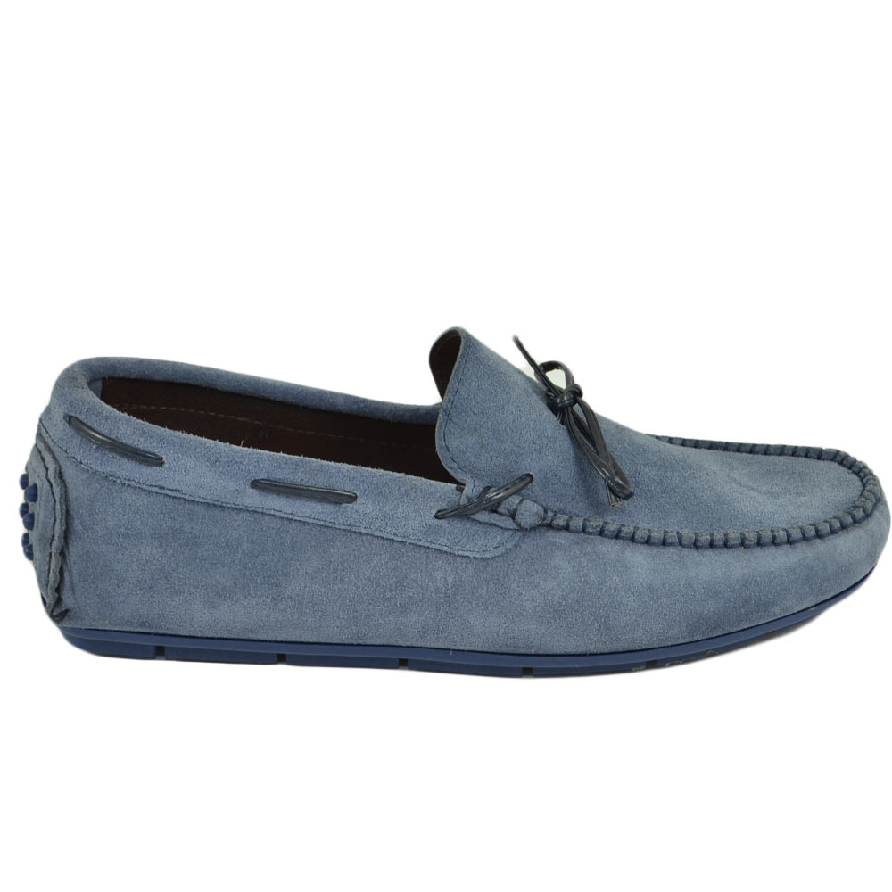 Mocassino car shoes uomo celeste nappine blu vera pelle scamosciata made in italy fondo antiscivolo moda estiva
