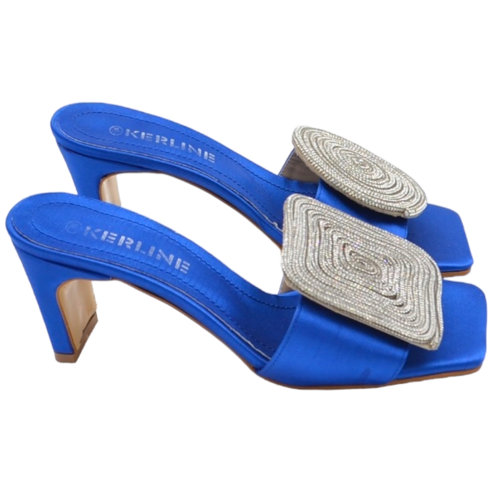 Sandali donna tacco in raso blu tacco doppio 7 cm open toe disegno gioiello geometrico asimmetrico tondo quadrato .