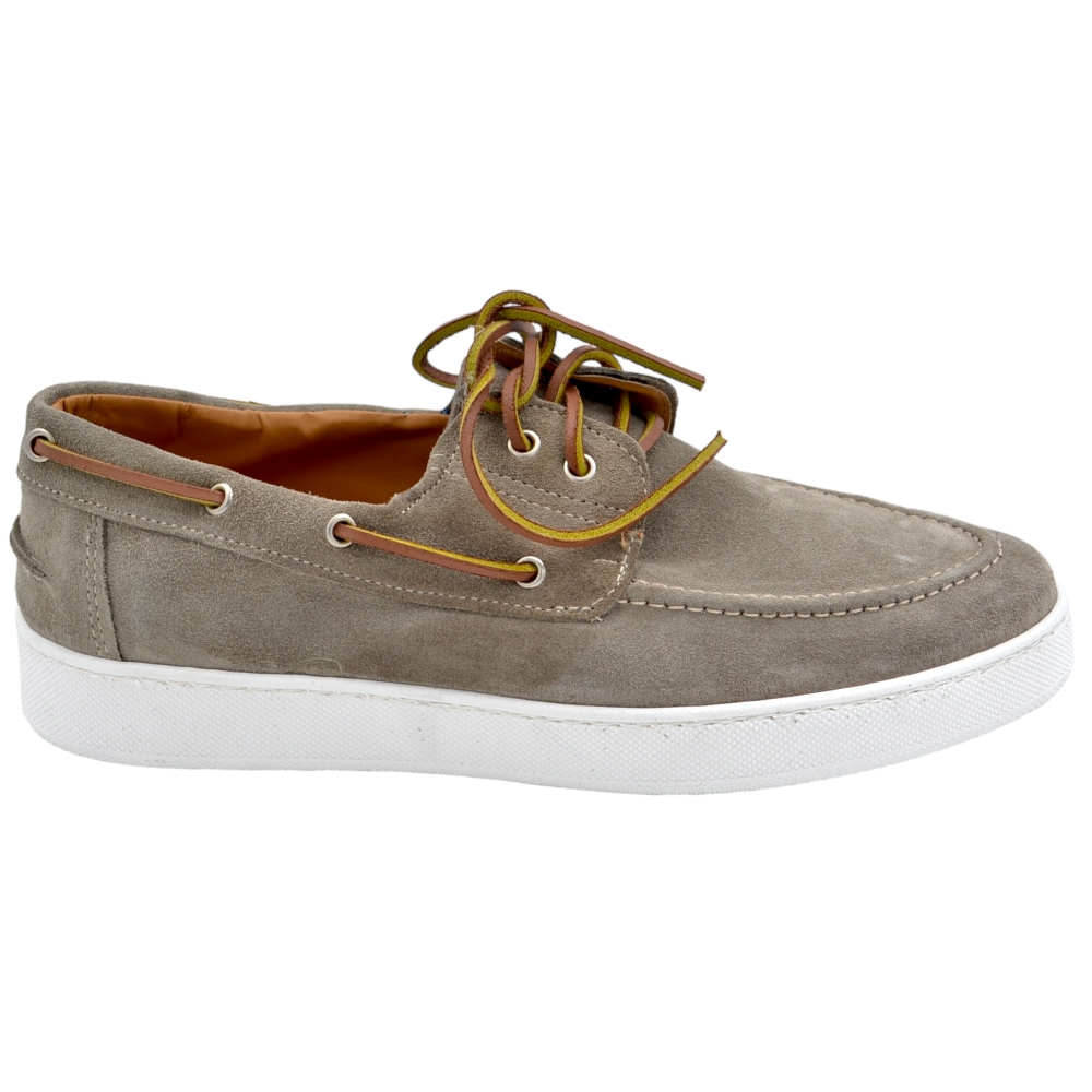 Scarpe da barca mocassini LS Luisantiago in vera pelle scamosciato beige con cordino bicolore suola in gomma reclinabile