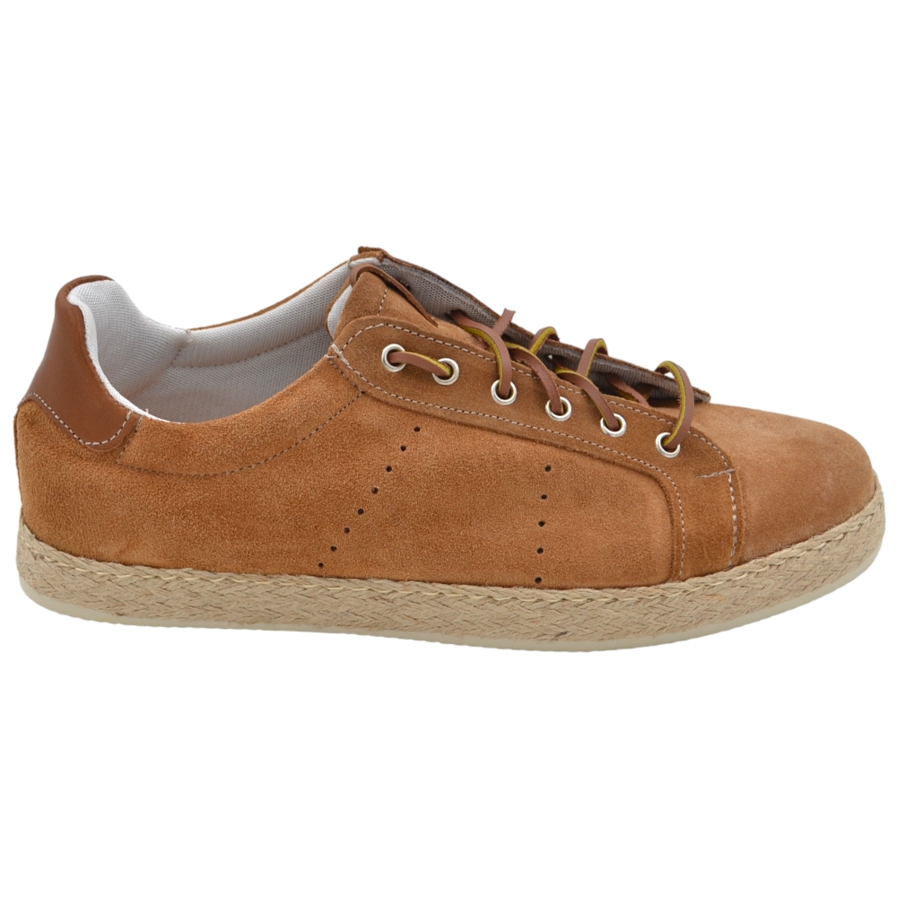 Sneakers bassa uomo in vera pelle scamosciato cuoio fortino cuoio fondo in corda e gomma basso 2 cm moda lacci in pelle 