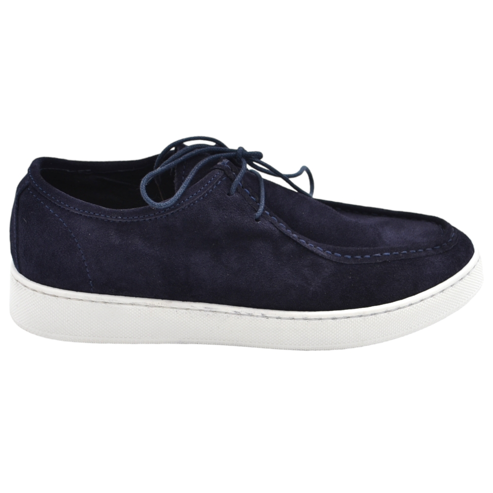 SCARPA UOMO MODELLO INGEGNERE IN VERA PELLE SCAMOSCIATA BLU CON GOMMA BIANCA ULTRALEGGERA E LACCI TONO SU TONO