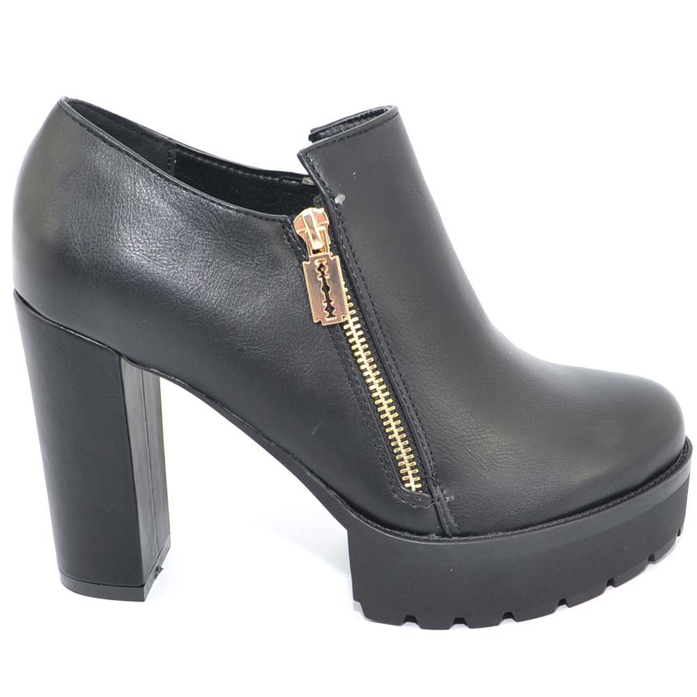 Scarpe donna tronchetto donna nero scollato alla caviglia con plateau e tacco largo zip laterale oro moda