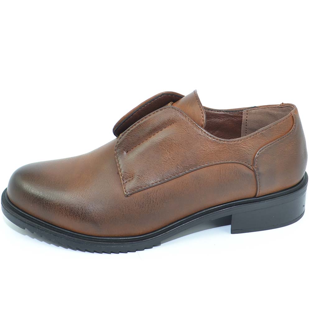 Scarpe francesina donna marrone sfumato senza lacci con elastico punta tonda vintage gomma comfort linea basic 