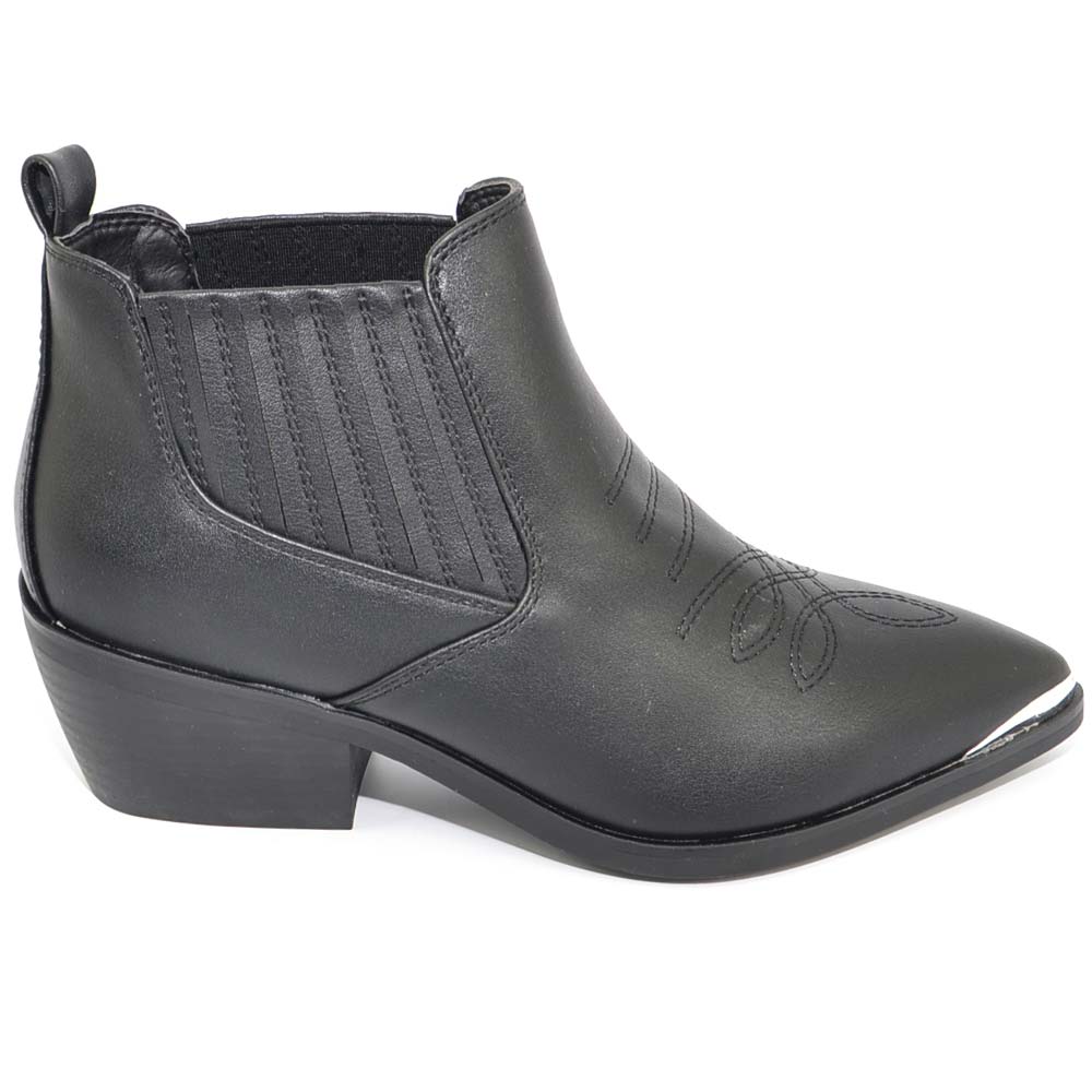 Stivaletto donna texano nero basso a punta con tacco midi 3 cm punta in acciaio argento elastico alla caviglia