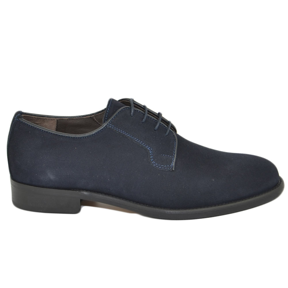 Scarpe uomo stringate liscia vera pelle scamosciata blu made in italy fondo antiscivolo vero cuoio cerimonia elegante.