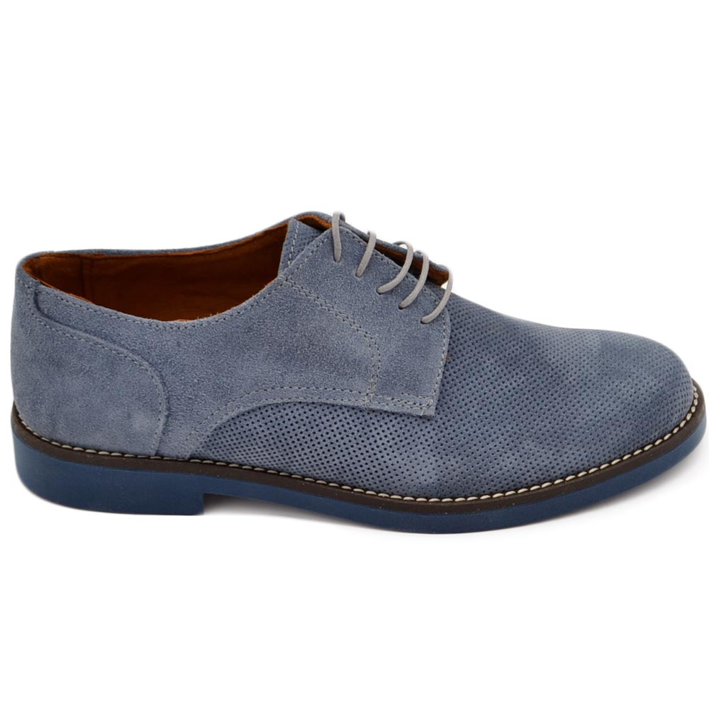 Scarpe uomo stringate blu in vera pelle morbida scamosciata puntinata con suola gomma sottile moda classico sportivo