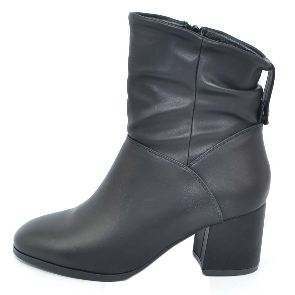 Stivaletti donna biker neri morbidi arricciati con tacco basso moda western punta tonda chiusura con zip linea texas