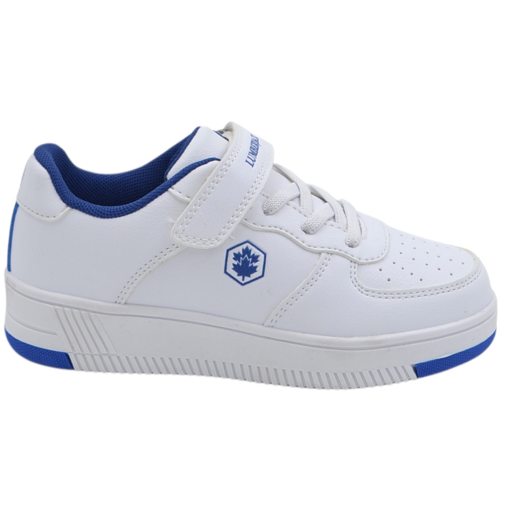 Sneakers da bambino Lumberjack bianche con dettagli blu strappo lacci elastici e suola a cassetta