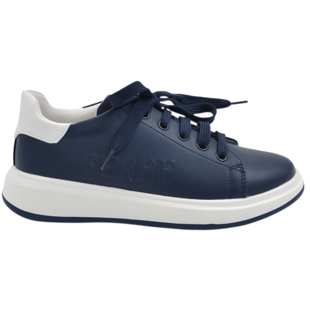 Sneakers da bambino Ferre' blu notte in pelle con talloncino bianco logo in rilievo e suola oversize.