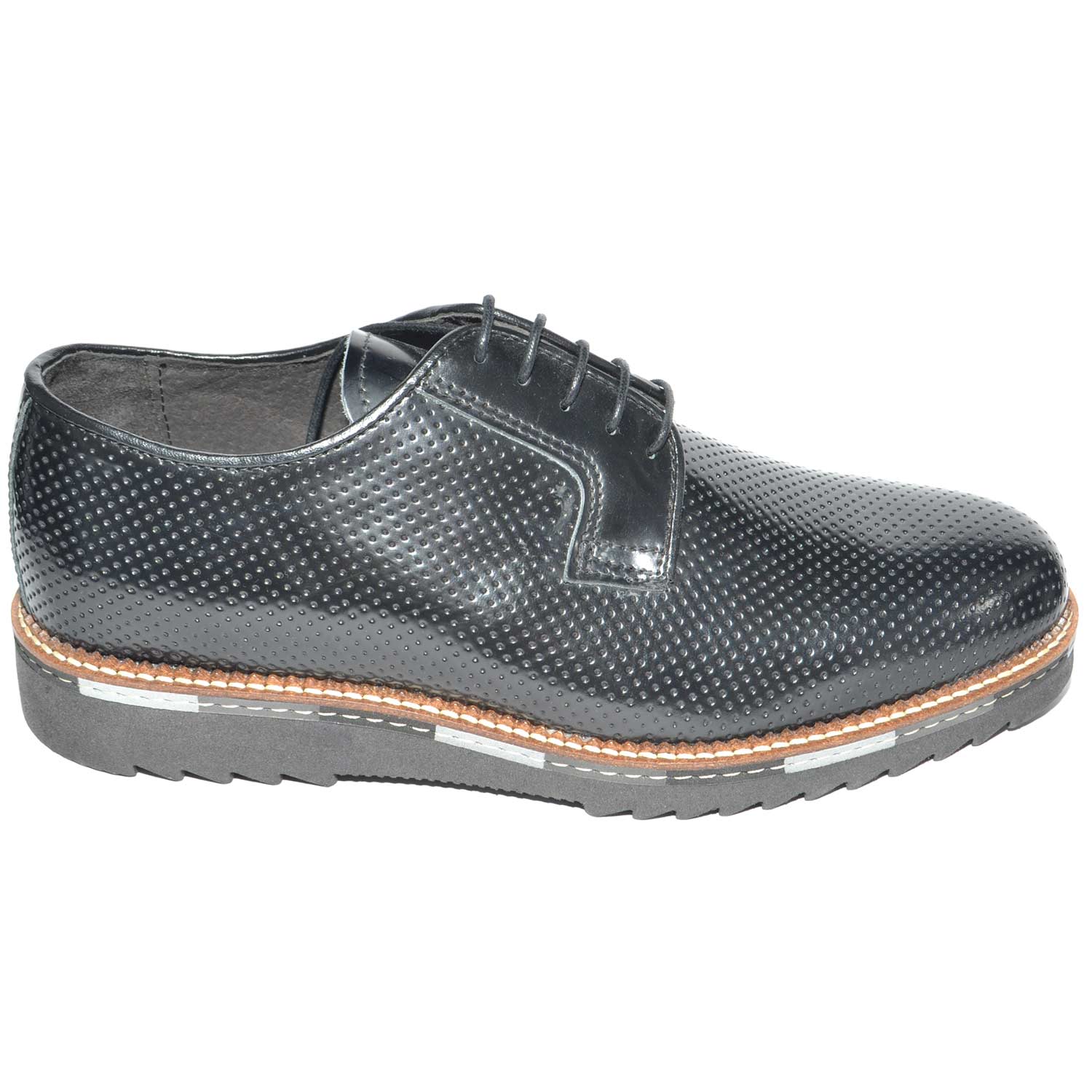 Scarpe uomo fondo cassonetto gomma classico sportivo antiscivolo vera pelle abrasivato nero traforato made in italy